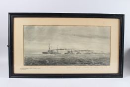 IRWIN BEVAN 'Falkland Island Fleet Leaving in Chase Dec.8th 1914' monochrome watercolour, signed,