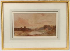 JOHN VARLEY (1778-1842) 'Landscape with Ruined Castle' watercolour, gallery label verso, 22cm x