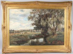 SIDNEY GRANT ROWE (1861-1928) Landscape with figures by a river, oil on canvas, signed, 60cm X 90cm