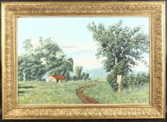 MICHAEL WOOD Landscape, a man standing by a stile, cottage and trees, oil on canvas, signed, 50cm