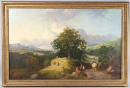 ENGLISH SCHOOL (19TH CENTURY) landscape with figures on lane, oil on canvas, 65.5cm x 103.5cm