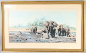 AFTER DAVID SHEPHERD Elephants at a watering hole, coloured print, 48cm x 96cm