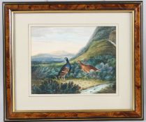 BRITISH SCHOOL (19TH CENTURY) Hillside view with a pair of ptarmigan, watercolour, 17cm x 21cm