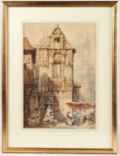 FLEMISH SCHOOL (19TH CENTURY) Street scene with Gothic tower and seated figures, watercolour, 43cm x