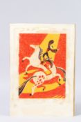 GROSVENOR SCHOOL STYLE LINOCUT. Circus horses and acrobat, unframed, 27.5cm x 20cm