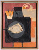 MARGARET MELLIS (1914-2009) Woman and Fish 1 1957' oil on board, 78cm x 59cm