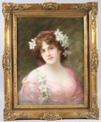 EMILE EISMAN-SEMENOWSKY (RUSSIAN 1857-1911) Head and shoulders portrait of a woman, wearing a pink