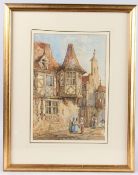 FLEMISH SCHOOL (19TH CENTURY) Figures in a street with gabled houses, watercolour, 34cm x 23.5cm