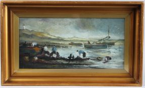 19TH CENTURY SCHOOL view of a coastline with fishermen unloading, oil on board, 21cm x 44cm