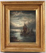 WILLIAM THORNLEY (1858-1898) 'Night' view of boats under moonlight, oil on canvas, signed