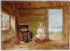 CIRCLE OF F W TOPHAM cottage interior with girl seated beside a cradle, oil on board, unframed, 22cm