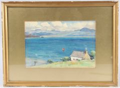 TIM EVANS (20TH CENTURY) Whitewashed Welsh cottage overlooking a bay, watercolour, signed, 17cm x