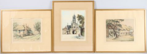 HENRY GEORGE WALKER (1876-1932) three coloured etchings, two of thatched buildings, possibly Cleve