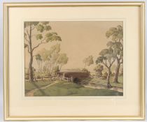 VANCE PAYNES (20TH CENTURY) Landscape with trees and bridge crossing a stream, watercolour,