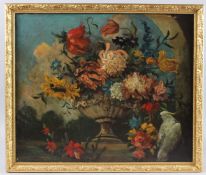 19TH CENTURY SCHOOL Still life of flowers in a vase with parrot perched beside, oil on canvas, 42.