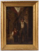 IRISH SCHOOL (19TH CENTURY) Man and boy standing in a yard, oil on board, 34cm x 24cm
