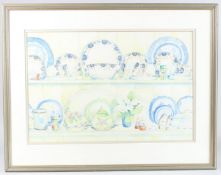 LYNDA RICHENS (20TH CENTURY) Two shelves of china, watercolour, signed indistinctly, artists label