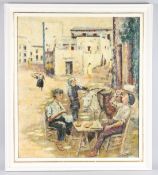 20TH CENTURY SCHOOL Street scene with figures and donkey at an outdoor cafe, possibly Spain, oil