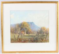 RODNEY SYMMONS 'Tasmanian Pastoral' watercolour, signed, artist's label verso, 27cm x 32cm