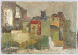 MARY DAWE (20TH CENTURY) 'Lost Village' oil on canvas, signed, unframed, 38cm x 55cm