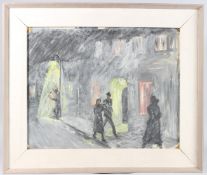 20TH CENTURY SCHOOL Figures walking along a street at night, oil on canvas, laid on board, 39cm x