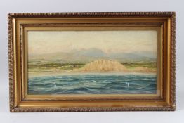 S MURRAY landscape viewed from offshore, oil on canvas, signed, 25.5cm x 51cm