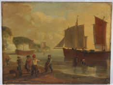 CIRCLE OF THOMAS LUNY Fisherfolk unloading from small boats, oil on panel, possibly signed, 21cm x