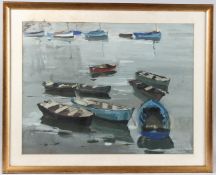 20TH CENTURY SCHOOL moored boats, gouache, signed indistinctly, dated '55 49cm x 64cm