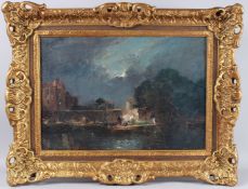 GASTON ROULLET (FRANCE 1847-1925) Harbour view at night, oil on canvas, signed, 37cm x 54cm