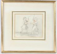 ENGLISH SCHOOL (19TH CENTURY) Two boys playing with a whip, pencil and watercolour, inscribed