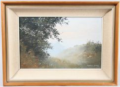 PAMELA DERRY (1932-2002) Misty landscape, oil on board, signed, 22cm x 34cm