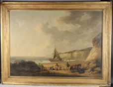 ATTRIBUTED TO MORLAND (LATE 18TH EARLY 19TH CENTURY) coastal scene with figures unloading a boat,