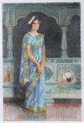 MODERN BRITISH SCHOOL (20TH CENTURY) Portrait of a lady wearing a sari and floral headdress,