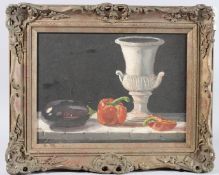 PATRICK GALVANI (1922 - 2013) Still life of White vase, pepper and aubergine, oil on canvas, signed,