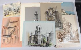 HERMIONE HAMMOND (1910-2005) collection of seven drawings, mostly buildings, pastels, charcoal and