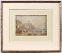 ENGLISH SCHOOL (19TH CENTURY) Fisherfolk on a beach beneath cliffs and church, watercolour, 16.5 x