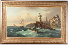 DUTCH SCHOOL (19TH CENTURY) Shipping at the entrance to a harbour, oil on canvas, signed
