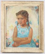 20TH CENTURY SCHOOL Portrait of a girl in a blue dress oil on canvas, signed indistinctly, 49cm x