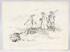 GEORGE DENHOLM ARMOUR scene showing an English wife and Scottish husband, pen and ink drawing,
