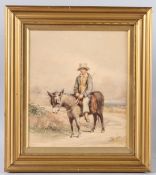 19TH CENTURY SCHOOL Young man on a donkey, watercolour, 24.5cm x 21cm