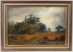 ALFRED DAWSON (1843-1922) Wooded landscape with figures on a track, oil on canvas, signed and
