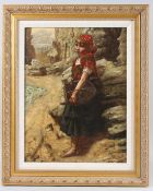 FREDERICK BRUETON (c.1882-1911) Portrait of a fisher girl standing on a beach, oil on canvas, signed