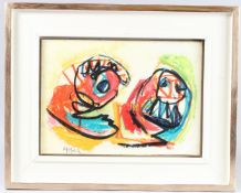 KAREL APPEL (1921-2006) 'Two Figures' mixed media, signed, Redfern Gallery label verso 27cm x 39cm