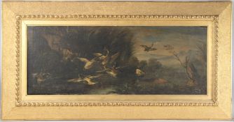 DUTCH SCHOOL (19TH CENTURY) Ducks taking flight pursued by a hawk, oil on canvas, 38cm x 101cm