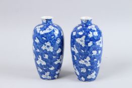 A PAIR OF CHINESE BLUE AND WHITE FLORAL VASES. 9.5ins high.