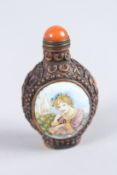 A CHINESE ENAMEL ON COPPER SNUFF BOTTLE.