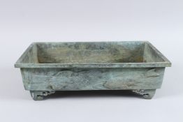 A BRONZE RECTANGULAR BONSAI PLANTER, the sides with fish in relief. 14ins long x 9ins wide x 4ins