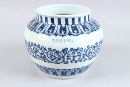 A CHINESE BLUE AND WHITE JAR.