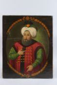 A PORTRAIT THREE-QUARTER LENGTH OF SULTAN AHMED KHAN II, oil on canvas, unframed. 19.5ins x 15.