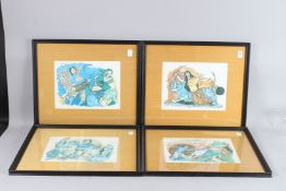 A SET OF FOUR INDIAN COLOUR PRINTS. Signed. 9ins x 12ins.